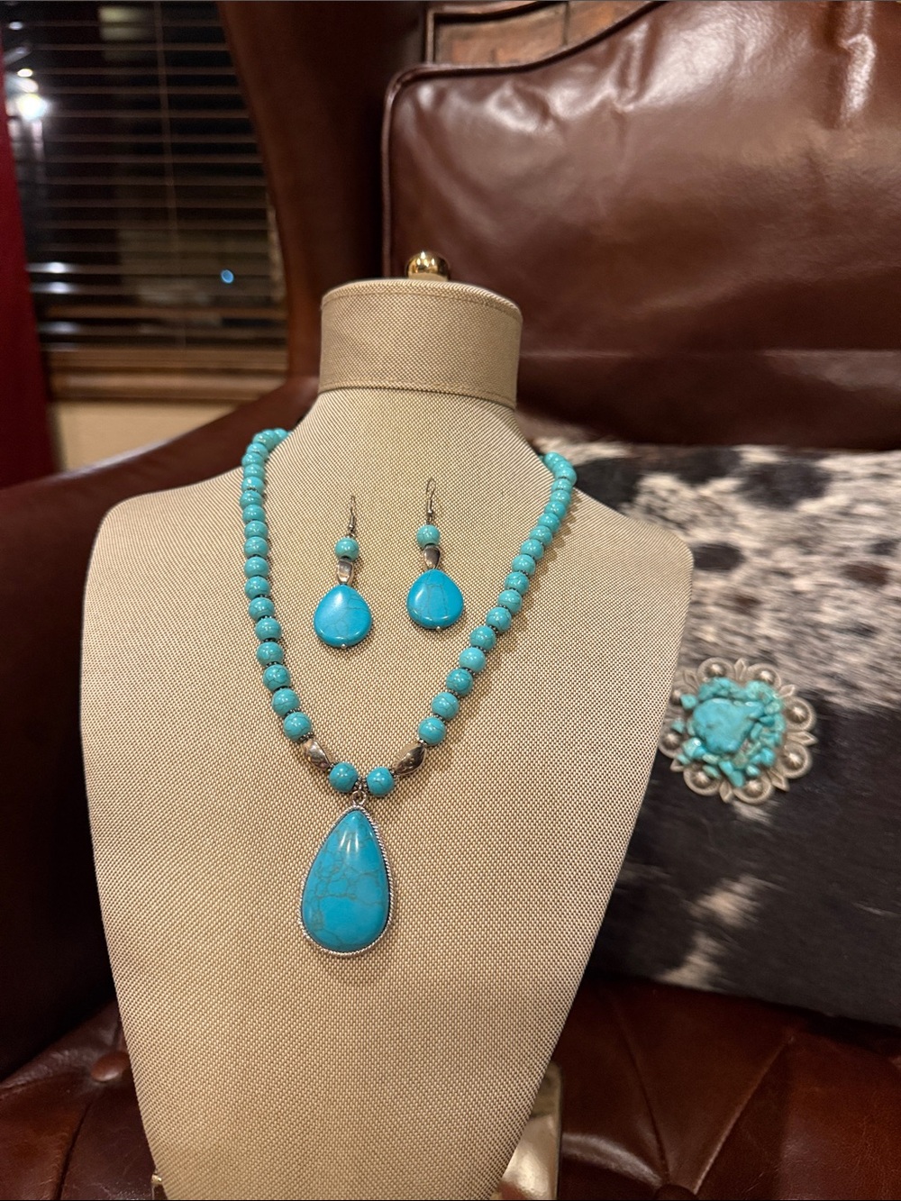 Turquoise Bead Necklace (18) and (1.5) Drop Earring Set
